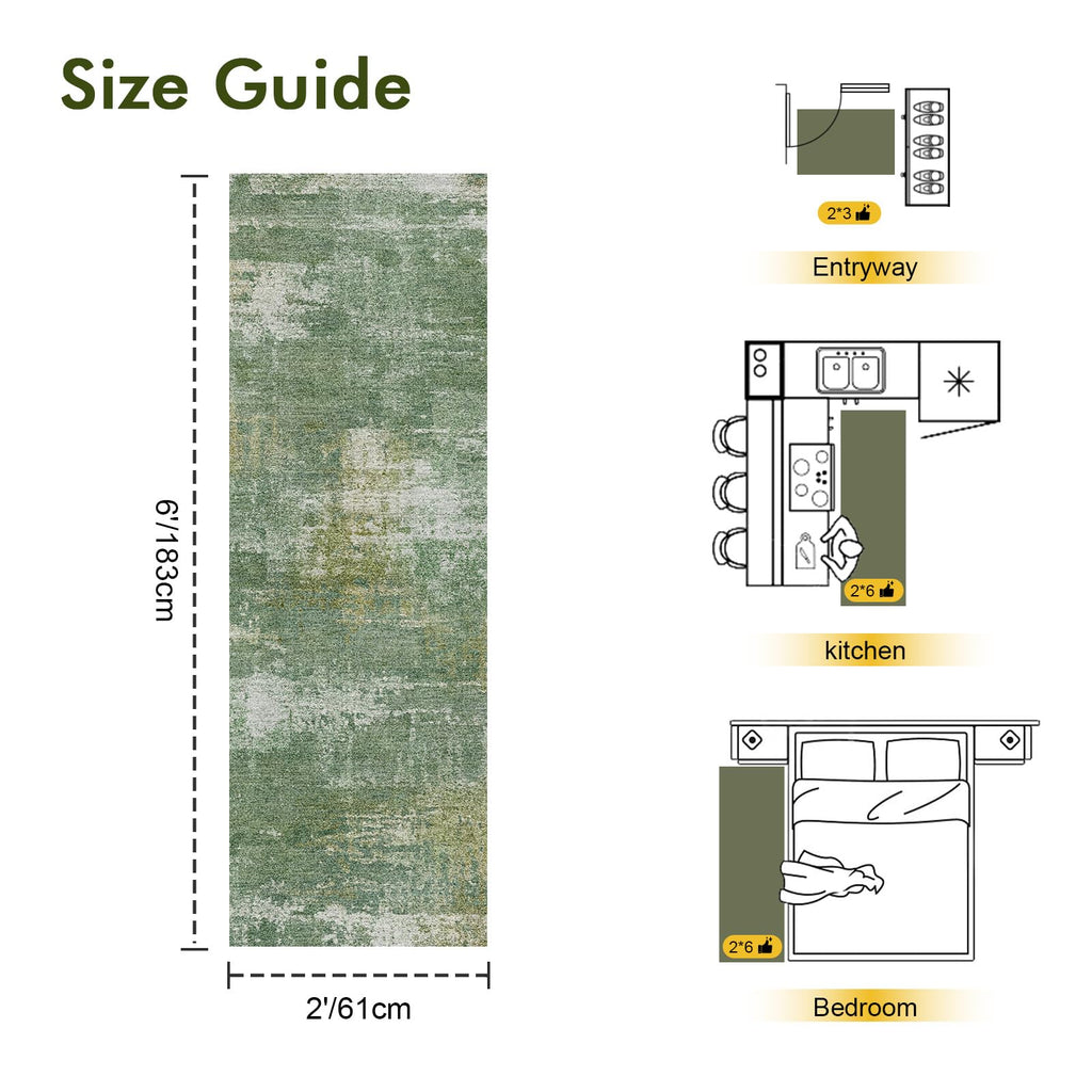 2x6 Ft Abstract Washable Runner Area Rugs Green
