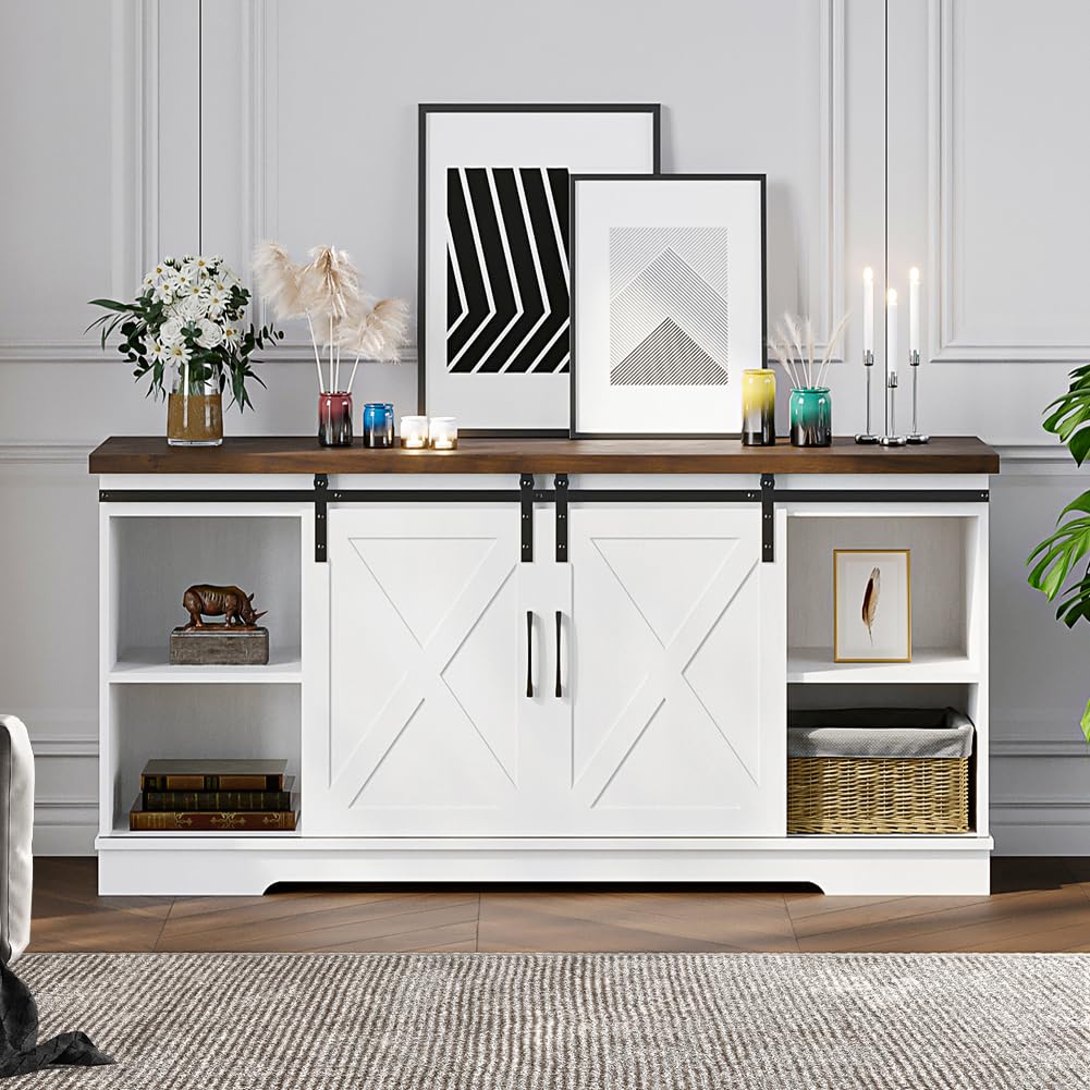 Farmhouse TV Stand, Entertainment Center for 65 Inch TV Media Console Table, White Barn Door TV Stand with Storage