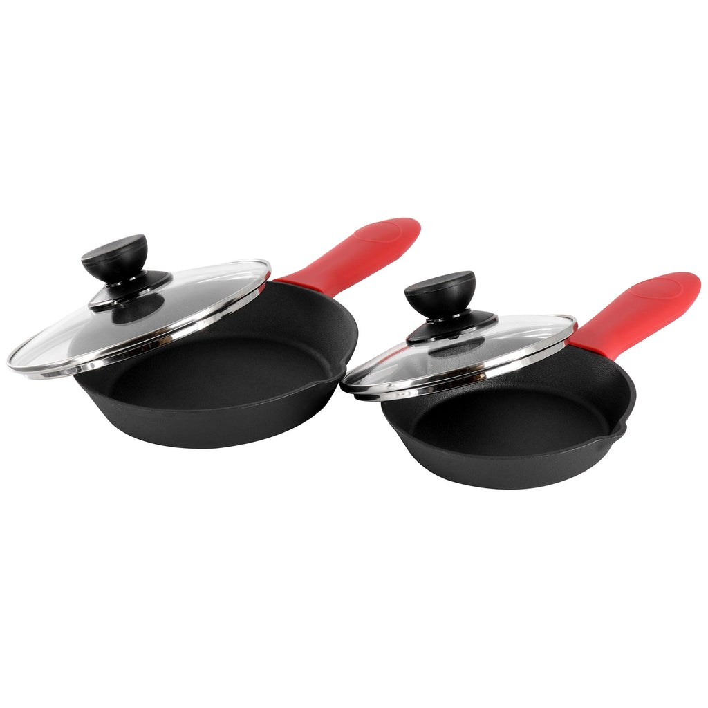 13 Piece Pre-Seasoned Cast Iron Skillet Set with Temperd Glass Lids and Silicone Holders