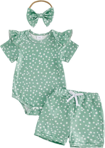 Baby Girl Clothes Summer Floral Romper Tops Shorts Headband Set
