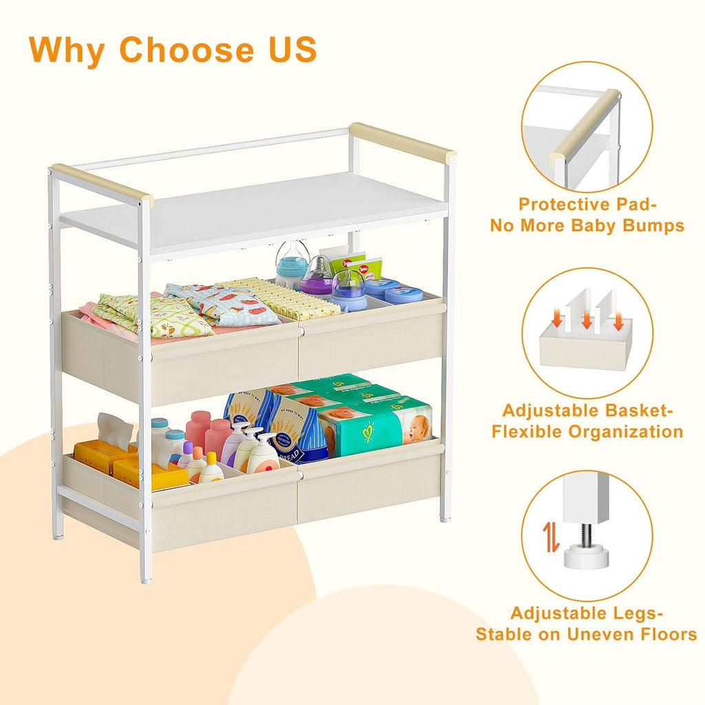 Baby Changing Table with Safety Bumper, Sturdy Diaper Change Station with Adjustable Devider in Large Storage Bin