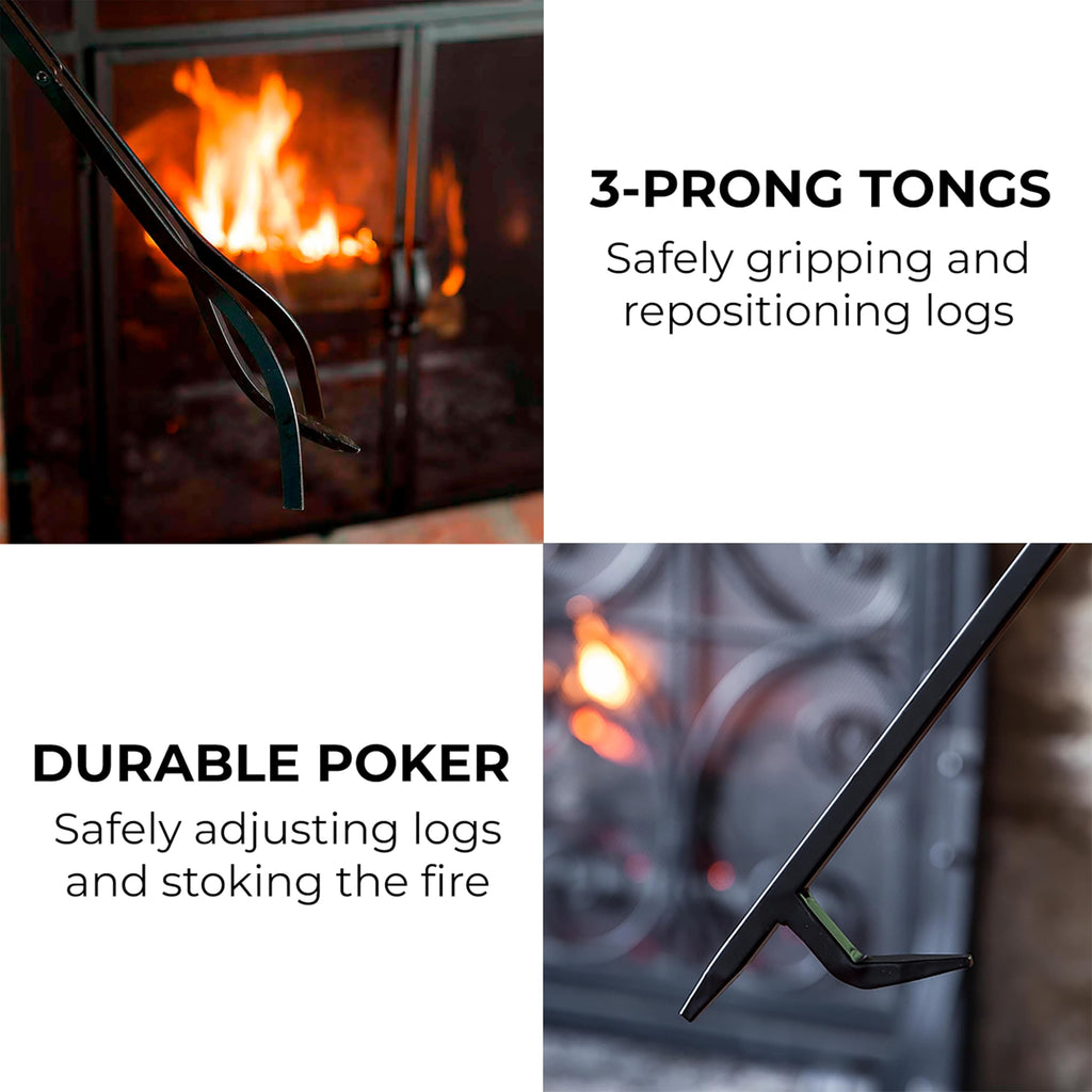 5 Piece Hand Forged Iron Compact Fireplace Tool Set 27.5" | Black Wrought Iron Handle for Outdoor Indoor | Stand
