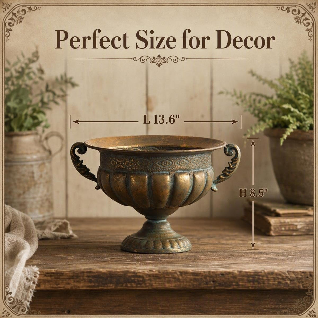 Vintage Gold Urn Planter, Embossed Shabby Chic Iron Flower Pot, 13.6"x8.5"