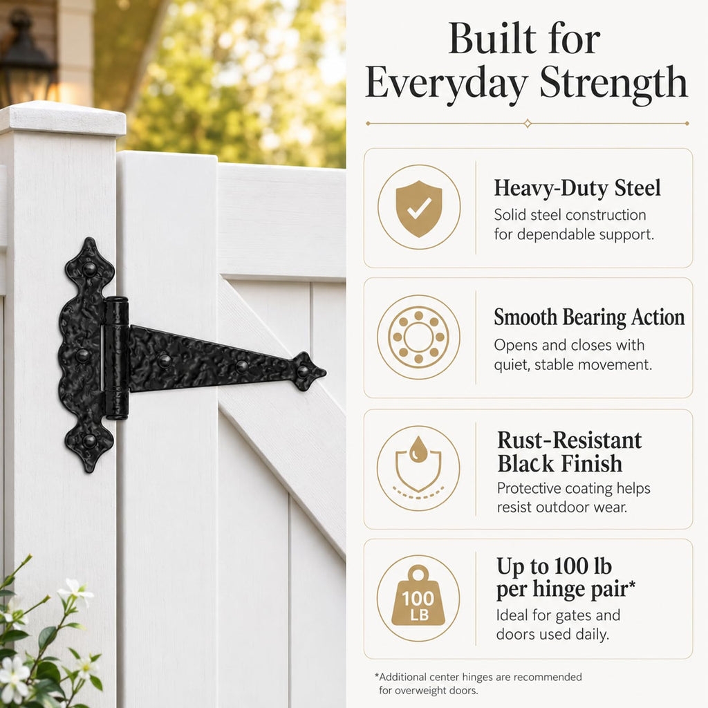 6 Inch Decorative Hammered Tee Hinge, 2 Pack Black Heavy Duty T-Strap Hinges for Garden Gates, Shed Doors, Barns &