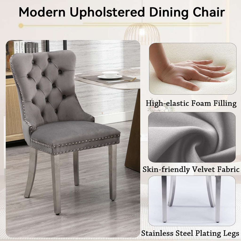 5 Piece Silver Dining Table Set for 4, 68.11" White Faux Marble Kitchen Table with 4 Velvet Chairs, Modern Dining Room