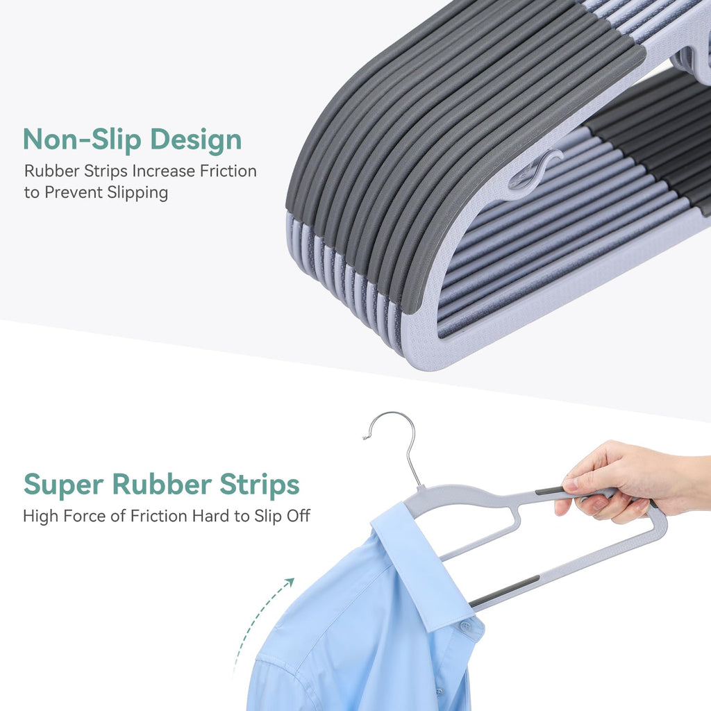 Heavy Duty Plastic Hangers 50 Pack, Non Slip Clothes Hangers with Rubber Pads and 360° Hook - Thin 0.2 Inch, Space