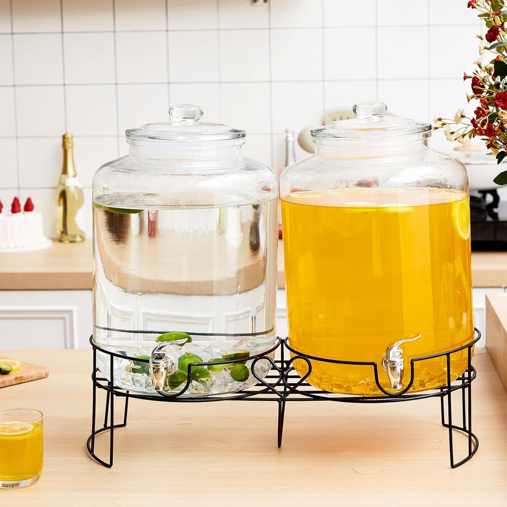 Gallon Glass Drink Dispenser for Parties Large with Stand and Spigot Leakproof Water Storage Lemonade Juice - Set of 2