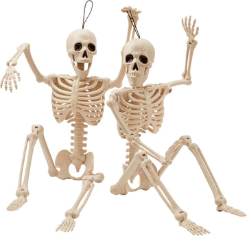 24" Halloween Skeleton Decor, 2 FT Full Body Stayable Posable Skeletons for Halloween, Yellow Human Plastic - Set of 2