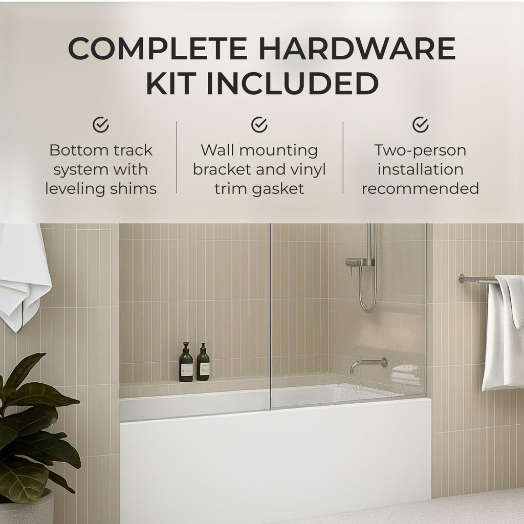 30x76 Frameless Shower Panel - 3/8" Thick Tempered Safety Glass - Fixed Bathroom Partition - Brushed Nickel Finish