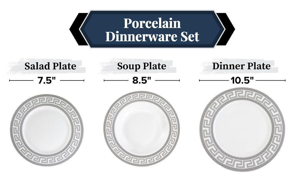 Porcelain Dinnerware Set for 4-12 Piece, Elegant Meander Silver