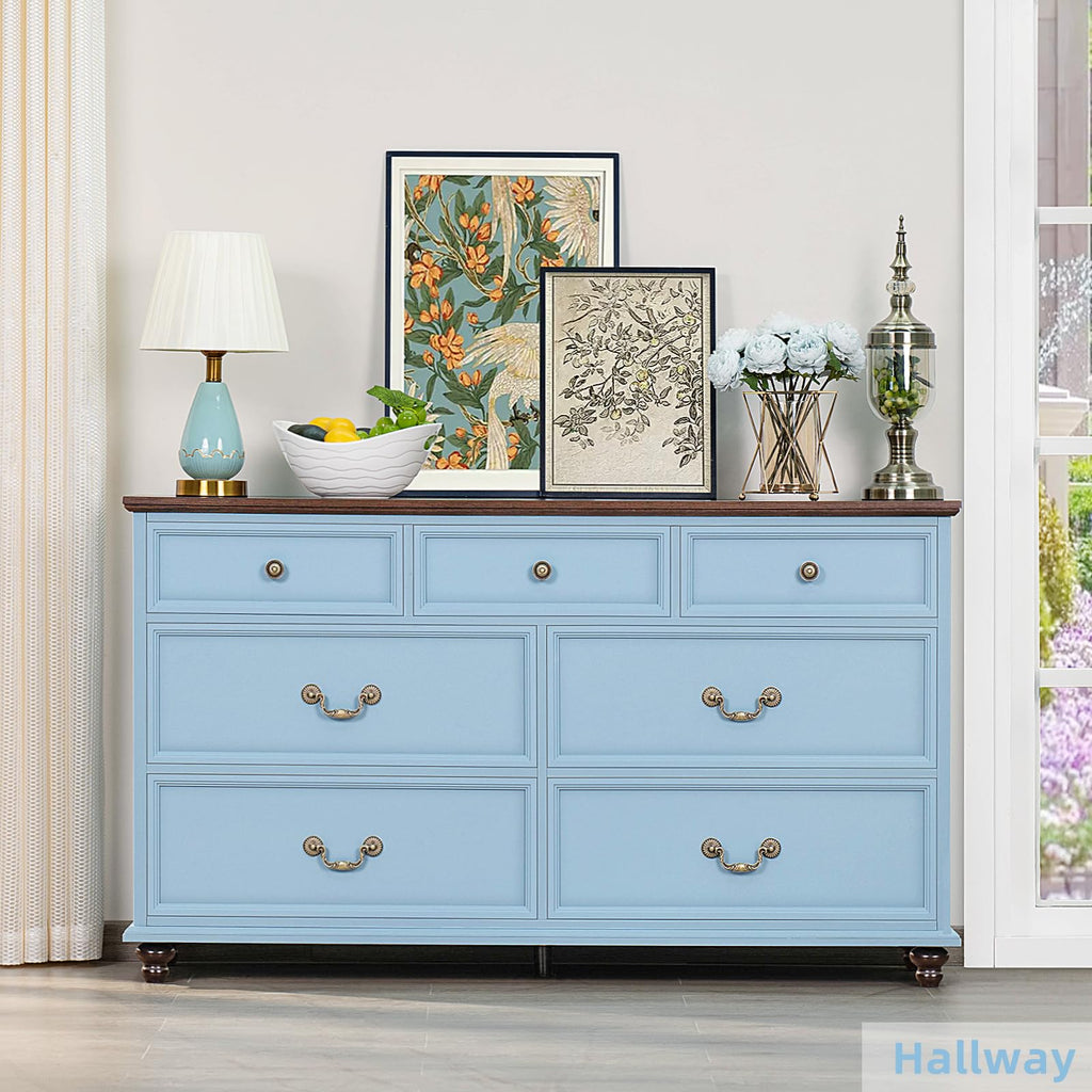 Farmhouse 54" 7 Drawers, Wide Wood Chest of Drawers w/ 4 Wooden Legs, Vintage Large Storage Dressers Organizer