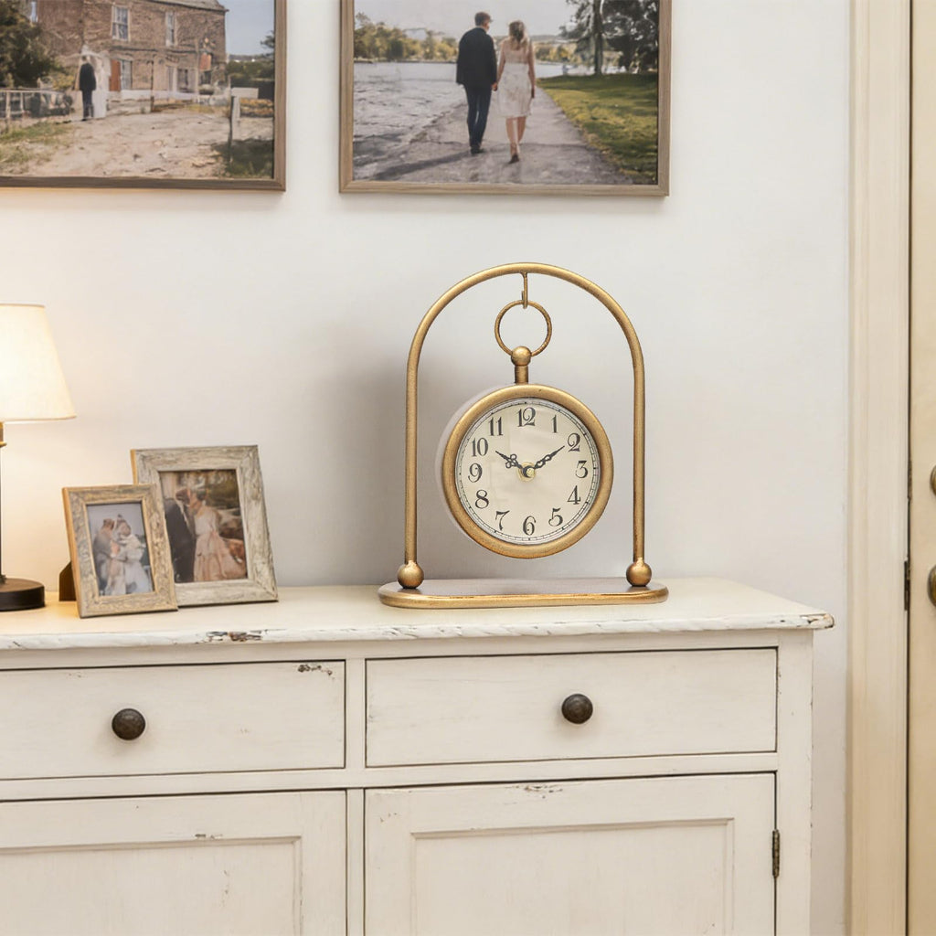 Vintage Small Gold Table Clock, Farmhouse Table Clock, Silent Non-Ticking Battery Operated Desk and Shelf Clocks