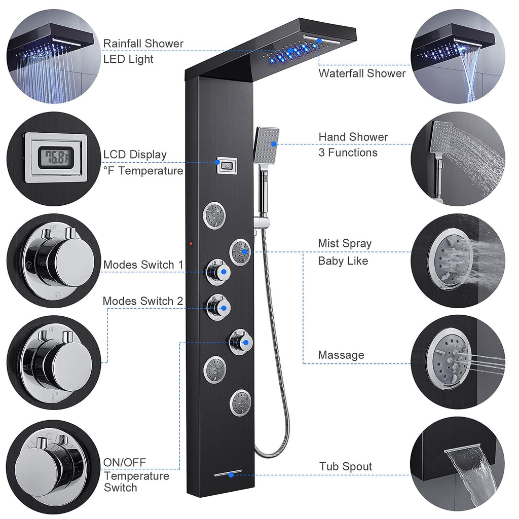 5-in-1 LED Shower Panel Tower System Stainless Steel Black