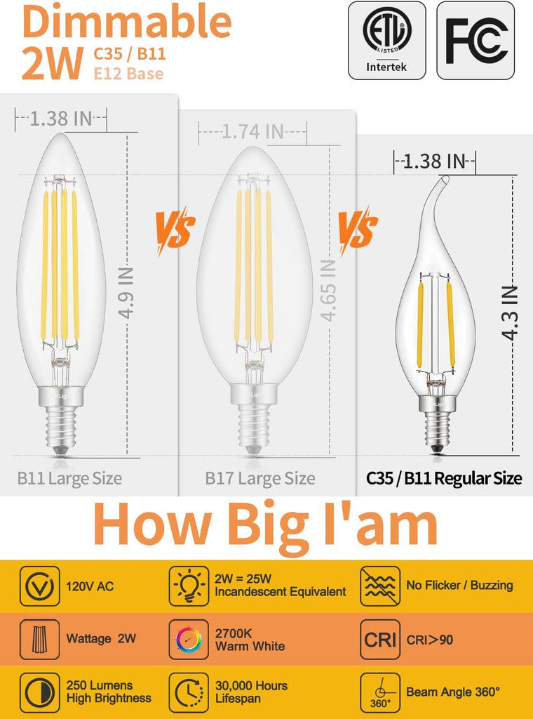 2W E12 Dimmable LED Candelabra Bulb C35 2700K Warm White, 12 Pack