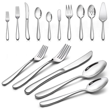 45-Piece Heavy Duty Silverware Set with Serving Utensils, Stainless Steel Flatware Set of 8, Thick Cutlery Eating
