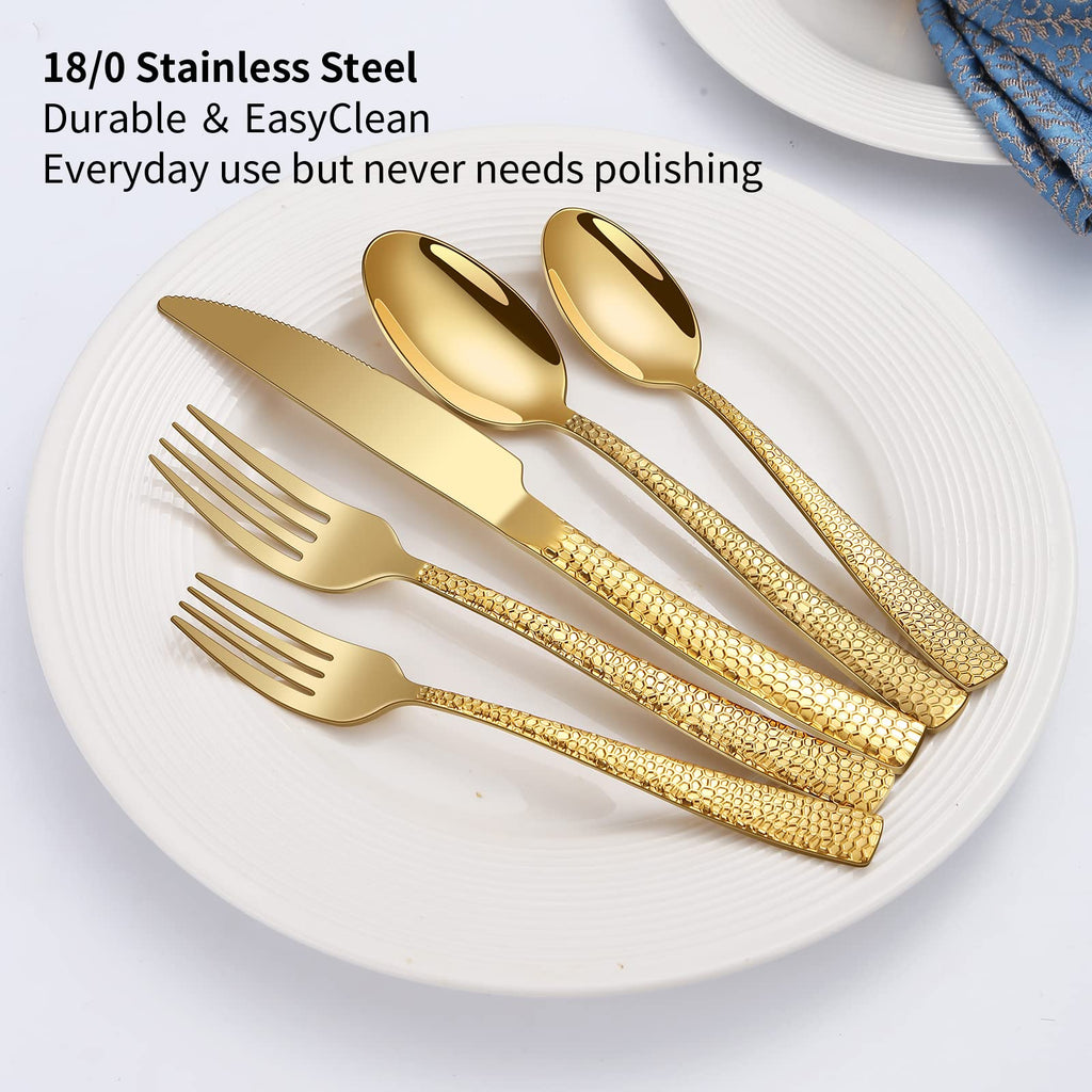 20-Piece Gold Silverware Set, Stainless Steel Hammered Flatware Set for 4