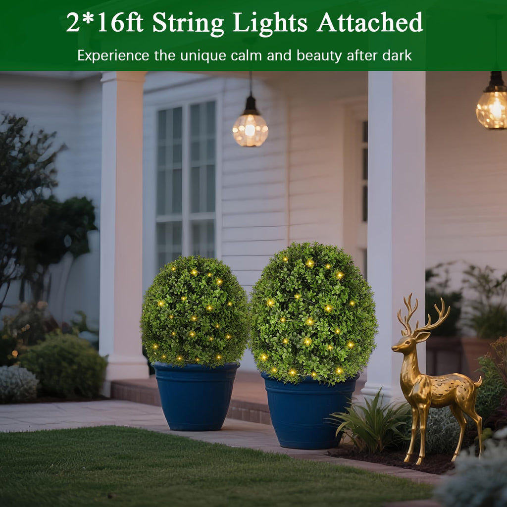 Artificial Boxwood Topiary Trees for Outdoor with LED String Lights, 2 Pack