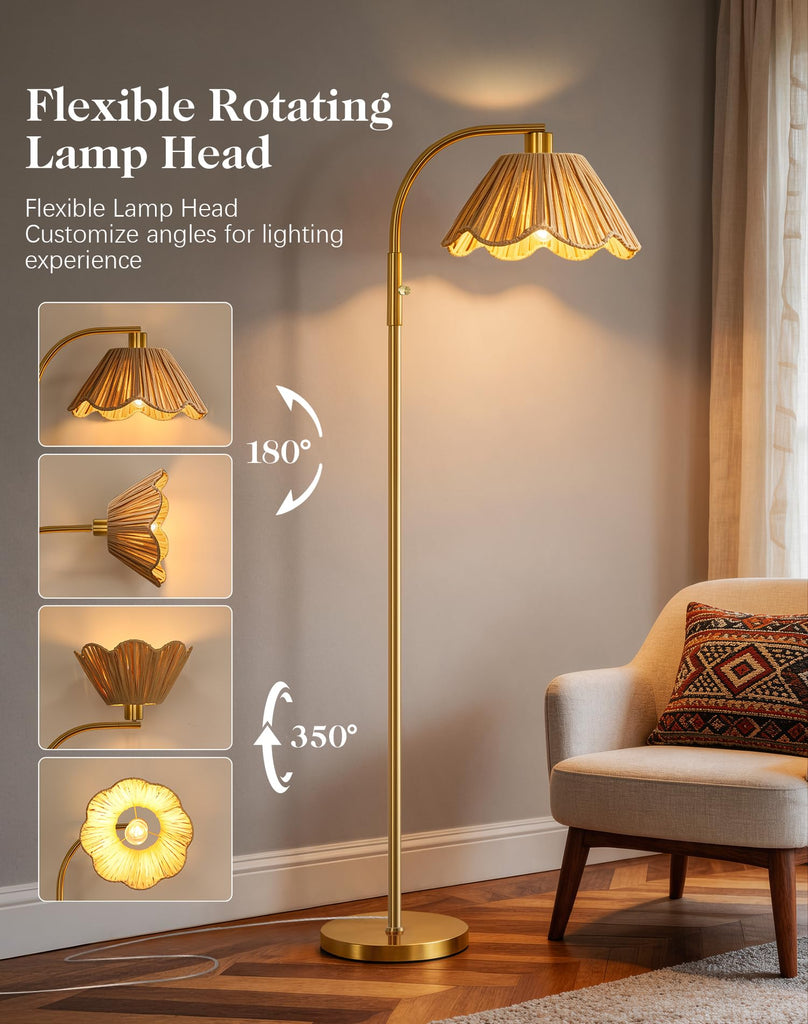 Gold Floor Lamp, Modern Standing Lamp with Raffia Lampshade, Stepless Dimmable Rotary Switch, 63" Farmhouse