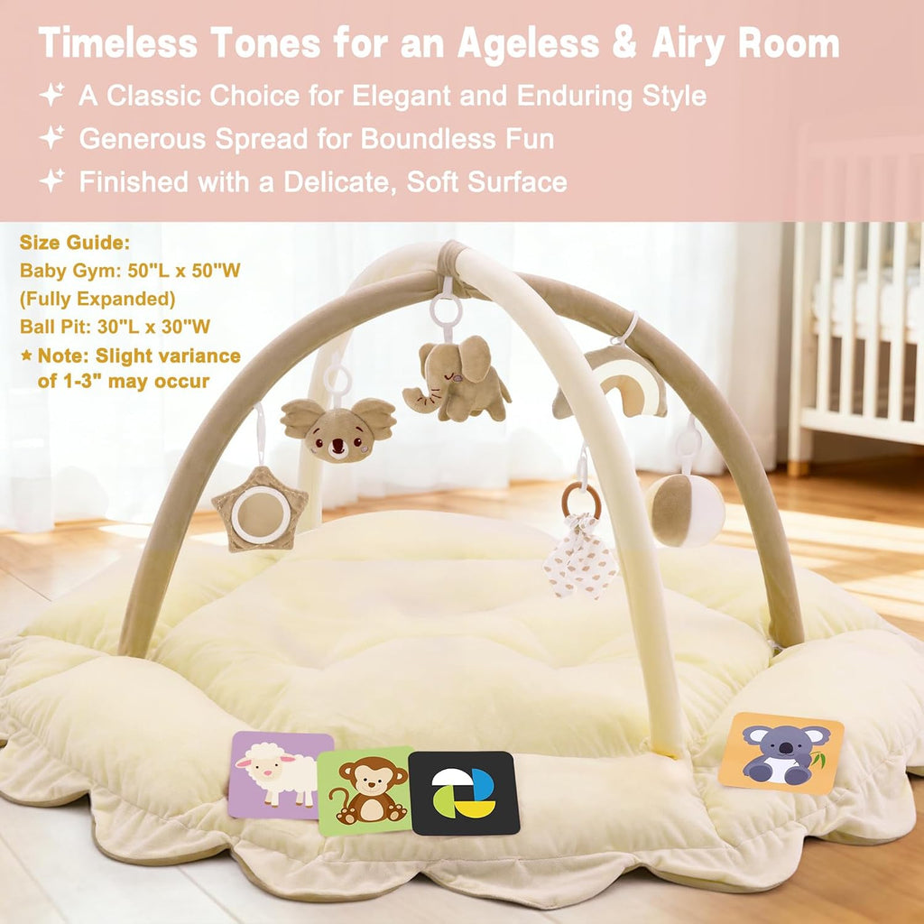 In-1 Baby Activity Gym & Play Mat with 6 Hanging Toys, Tummy Time Mat & Cards - Extra Large, Reversible Machine