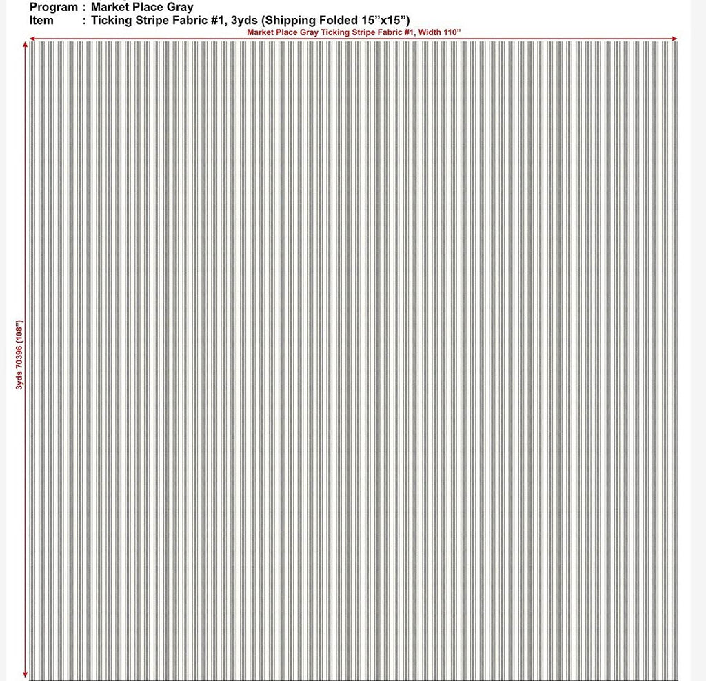 Market Place Gray Ticking Stripe Bulk Yardage, Three Yards, 108" x 110" Wide