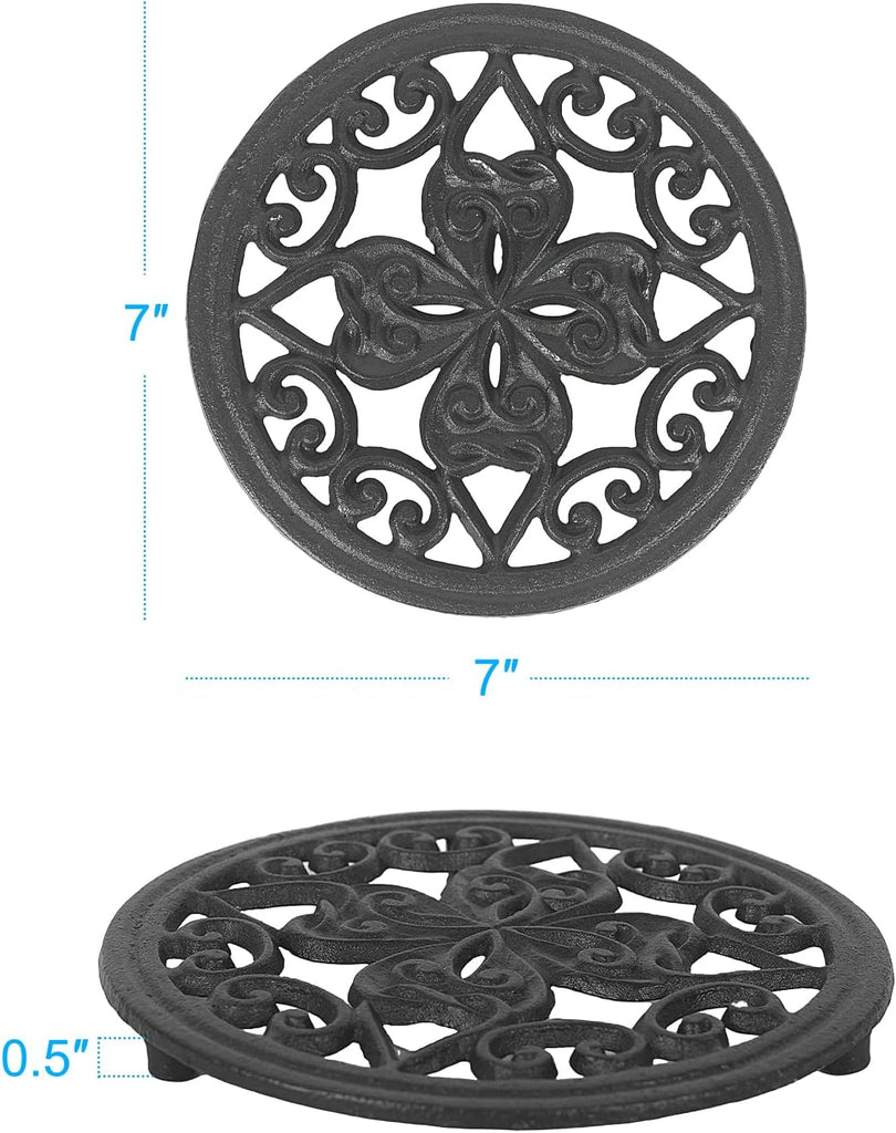 7 Inch Cast Iron Trivet, Round Heavy Duty Hot Pot Holder with Vintage Floral Design, Heat Resistant Mat