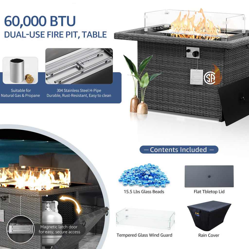 29.3'' High Back Outdoor Patio Conversation Set with Firepit Natural Gas Propane Convertible, Plus Size Modular