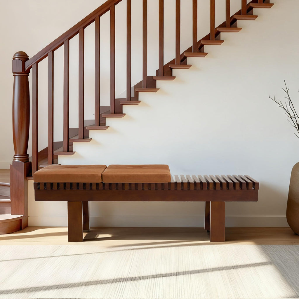 Solid Wood Entryway Bench, 59.4" End of Bed Bench with Removable Cushions & Wooden Legs, Farmhouse Indoor Bench