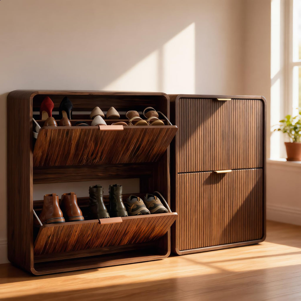 Modern Shoe Cabinet with 2 Flip Drawers, Fluted Panel Freestanding Wood Organizer, Walnut