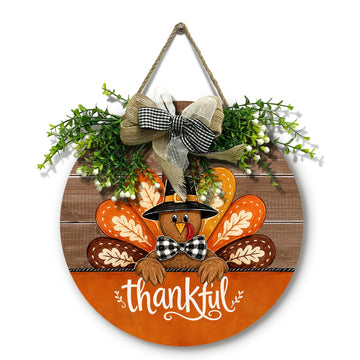 Thanksgiving Thankful Turkey Door Sign for Front Porch Farmhouse Round Wood Hanging Sign with Wreath and Bow Greenery