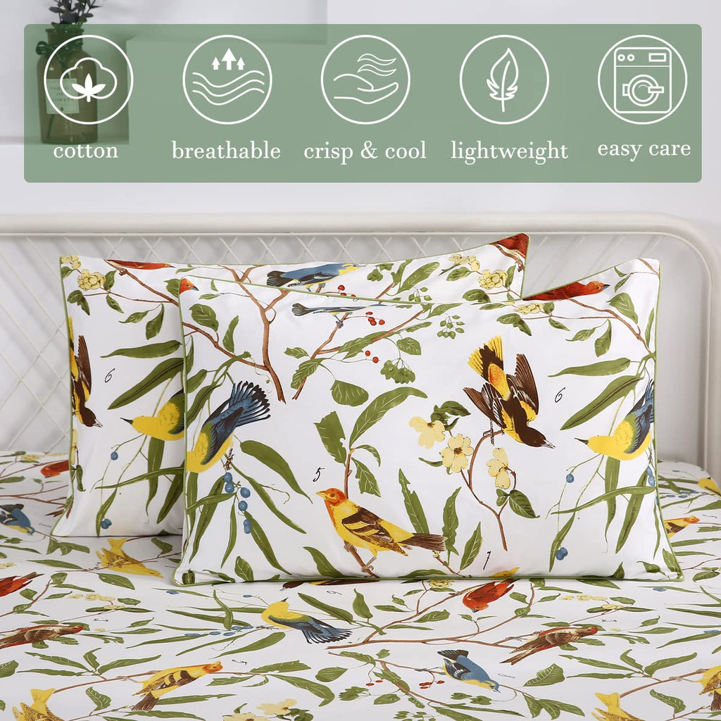 4Pcs Birds Sheets Set for Bed, Farmhouse Green Leaves Pattern, Luxurious Egyptian Percale Cotton Bed Sheet Silky