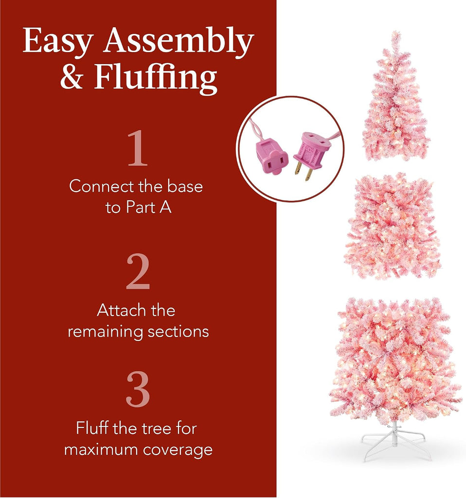 Flocked Pink Pencil Christmas Tree, Pre-Lit Slim Artificial Holiday Decoration, Lighted Skinny w/Base, Warm
