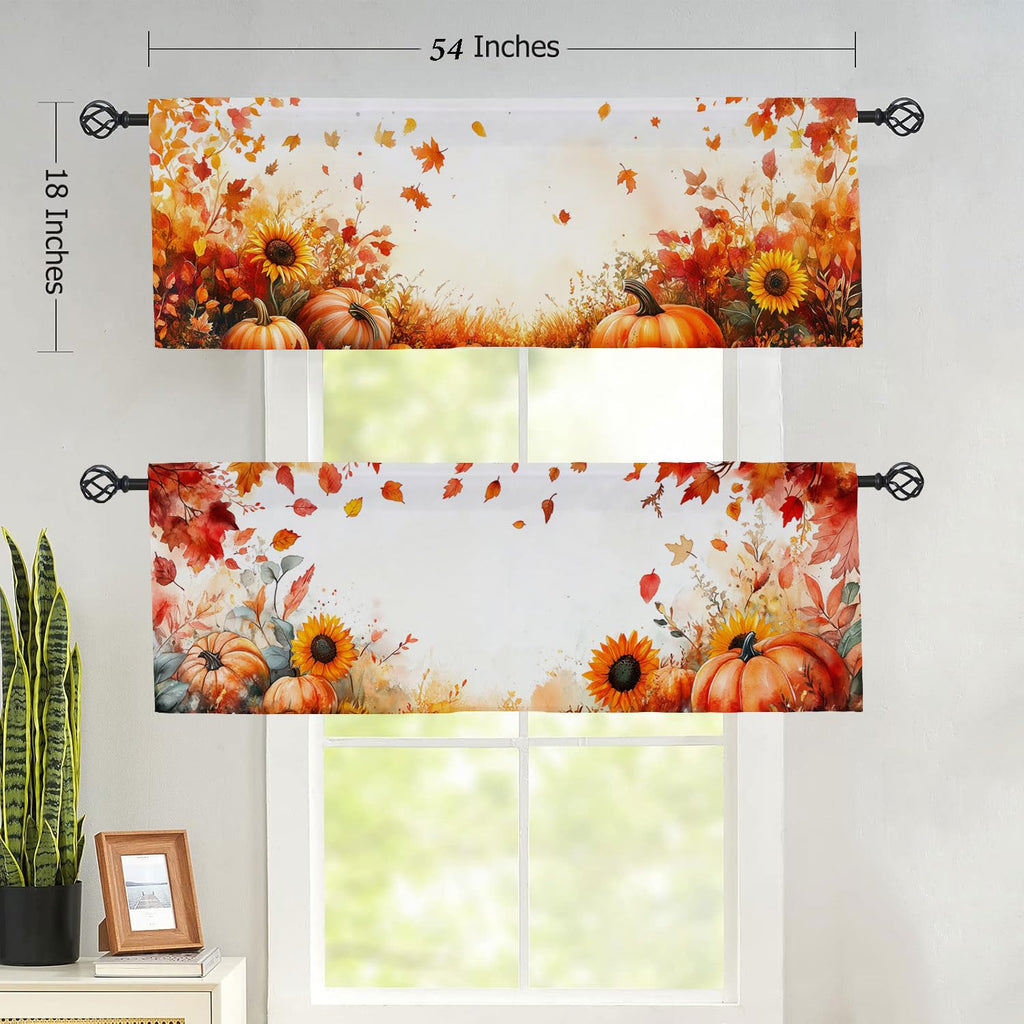 Fall Pumpkins Kitchen Curtain Valance 2 Pack Thanksgiving Maple Leaves Sunflowers Window Valance Bathroom Bedroom