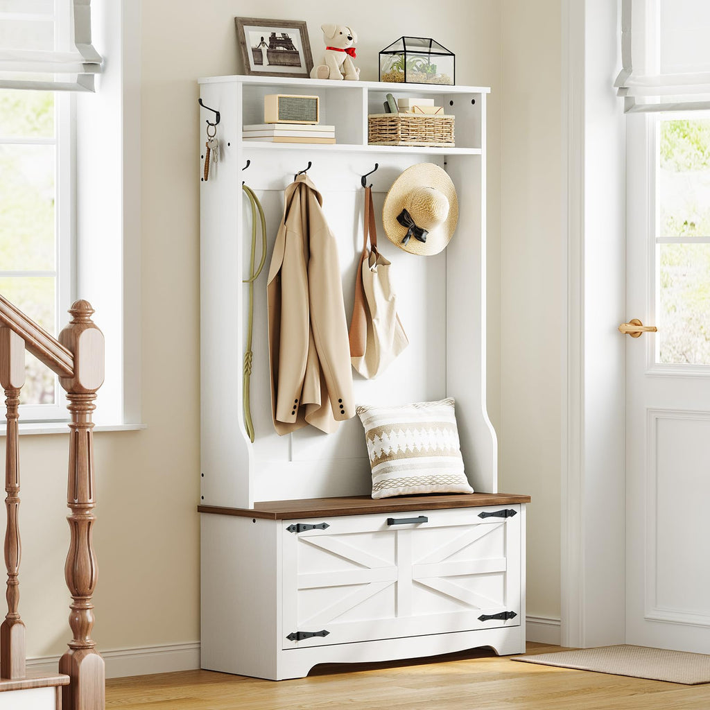 Hall Tree with Bench, Entryway Bench with Coat Rack and Shoe Cabinet, Flip Drawers, Farmhouse Hall Tree with Shoe