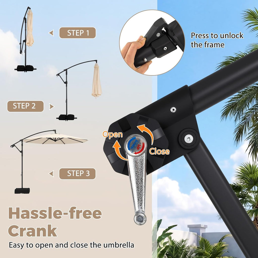 10ft Patio Umbrella with Base Included, Offset Cantilever Outdoor Umbrella with 360 Degree Rotation, Crank Handle
