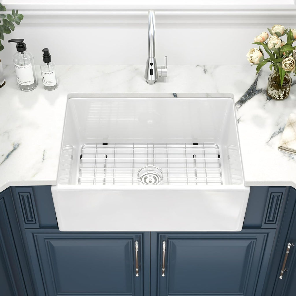28 White Farmhouse Kitchen Sink - 28 Inch Farmhouse Kitchen Sink Apron Front White Fireclay Ceramic Porcelain Single