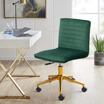 Armless Vanity Chair with Wheels, Computer Rolling Desk Chair with Back Soft Velvet Fabic Height Adjustable Gold