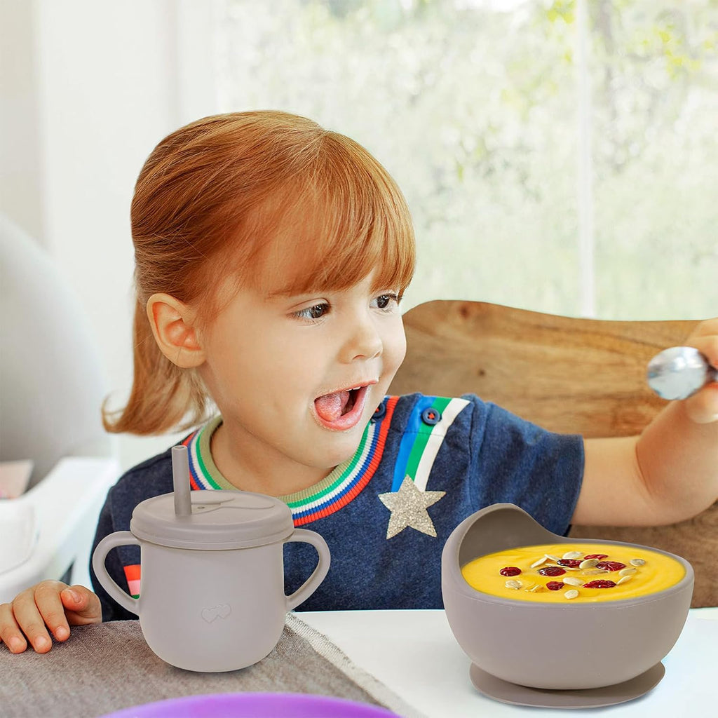 100% Silicone Baby Feeding Set, BPA Free, 9 Pcs: Suction Bowl, Divided Plate, Toddler Self Feeding Dish Set