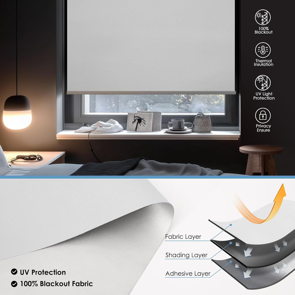 Smart Motorized Blackout Roller Blinds with Remote & Solar Panel, Cordless Electric Shades, USB-C Rechargeable