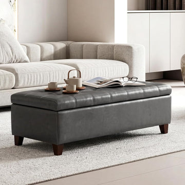 Ottoman with Storage 51" Faux Leather Storage Ottoman Bench | Upholstered Ottomans with Hinged Lid, Rectangle Long