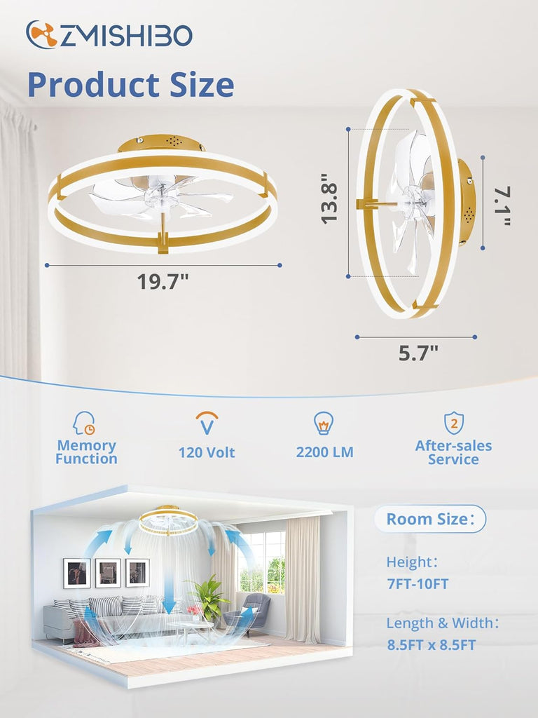 Ceiling Fans with Lights and Remote, 19.7'' Low Profile Ceiling Fan, 3000-6000K Dimmable Modern Flush Mount LED Fan Light, 6 Wind Speeds, Gold Fandelier Ceiling Fans for Bedroom A101-B0F1CCMY9D