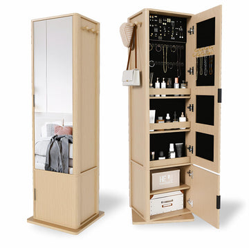 360° Swivel Jewelry Cabinet Makeup Jewelry Armoire with Full Length Mirror, Standing Storage Cabinet with a Coat