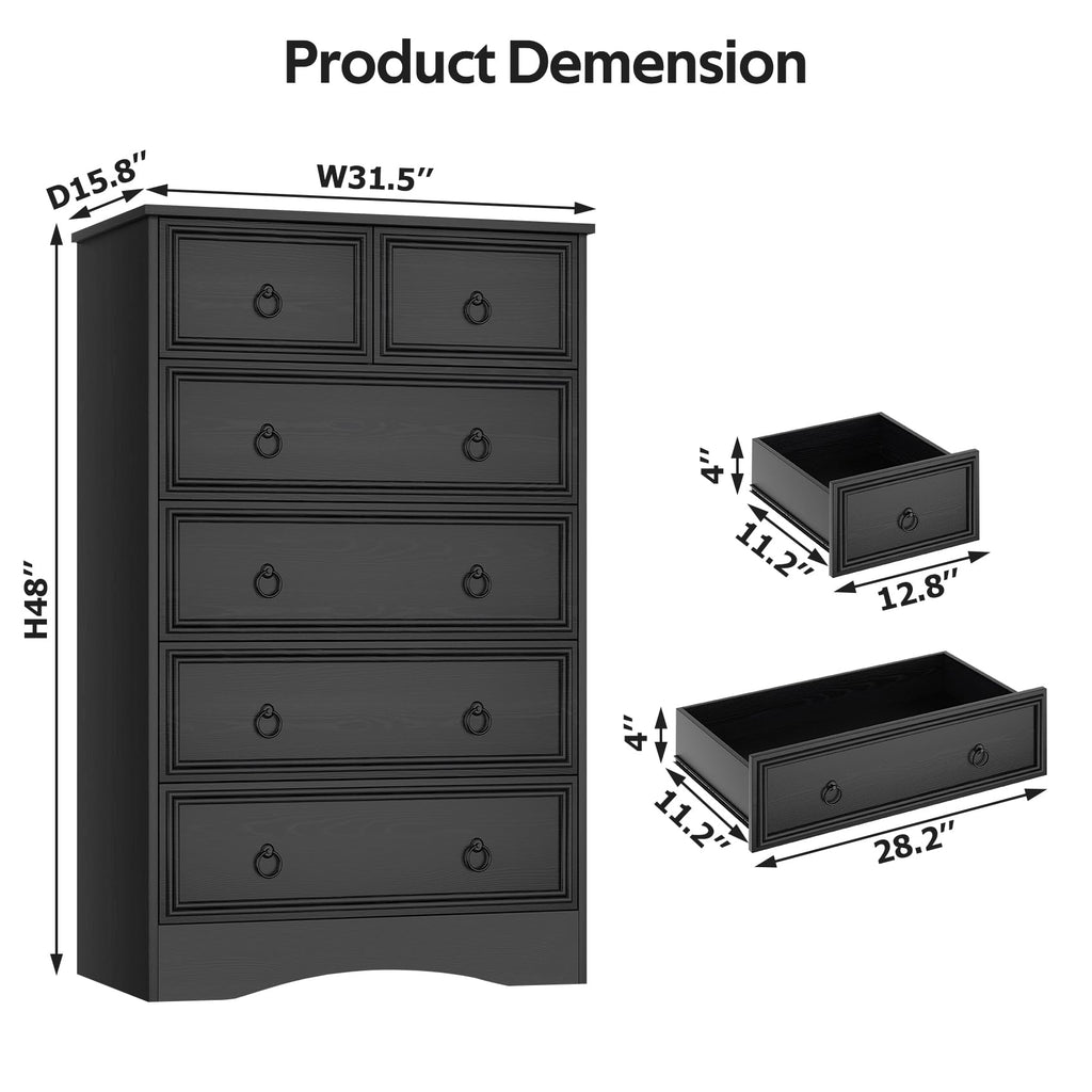 48'' Tall Black Dresser with 6 Drawers Chest of Drawers, Large Storage Organizer for Clothes, Black