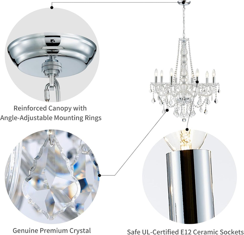 8-Light Chrome Crystal Candle Chandelier - Modern Pendant Ceiling Light, 27.6" W x 35.4" H