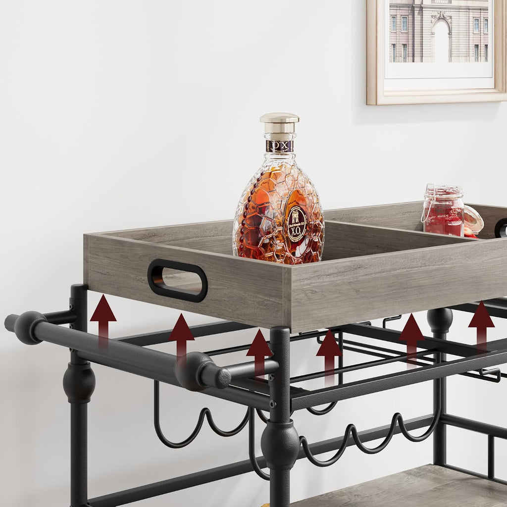 Bar Cart with Wheels, 3-Tier Serving Cart , Mobile Rolling Beverage Cart with Wine Rack and Removable Tray , Dining