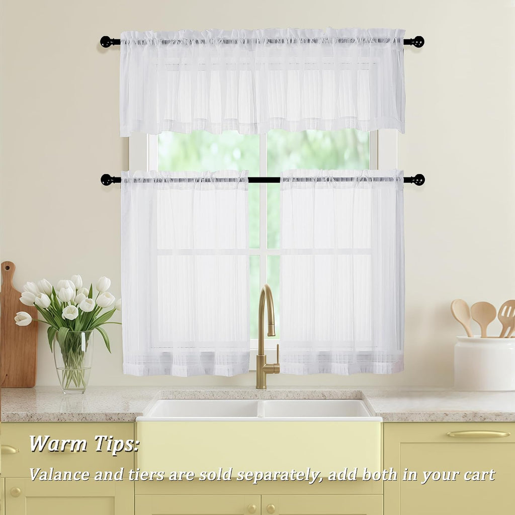 White Striped Kitchen Curtains - Short Semi Sheer Cafe Curtains Tier 36 Inch Length 2 Panels Set, Light Filtering