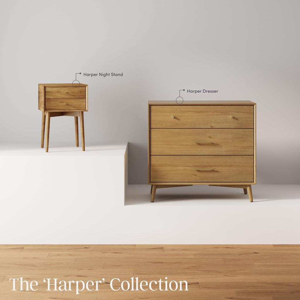 Harper Mid Century Modern Dresser, Solid Wood Dresser with 3 Drawers and Metal Drawer Pulls, Light Acacia