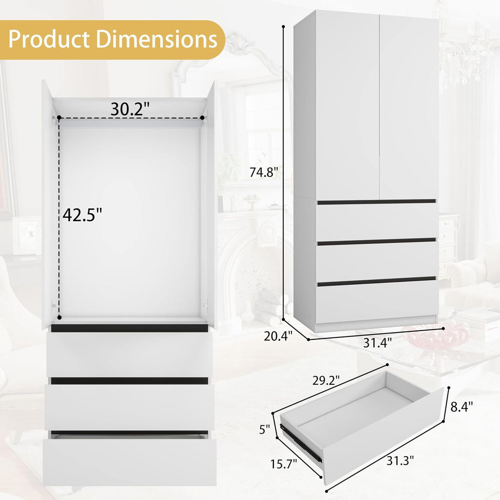 Wooden Wardrobe Closet with 2 Doors: 75" Bedroom Armoire Wardrobe Closet with 3 Drawers, White Cabinet with Hanging