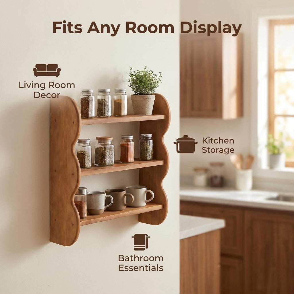 3-Tier Wall Mounted Scalloped Shelf 100% Solid Wood, Rustic Floating Trinket Display Shelves for Room, Farmhouse