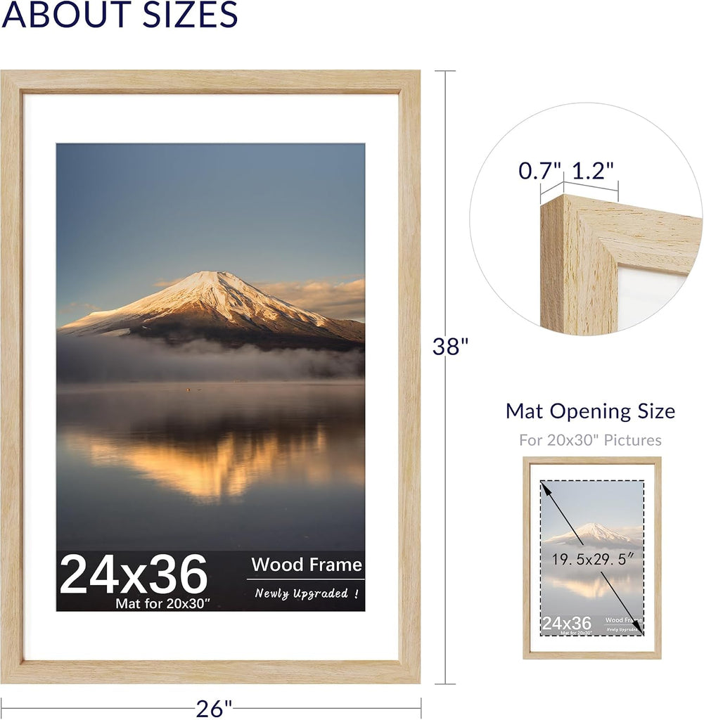 24X36 Poster Frame, Display Pictures 20X30 with Mat or 24X36 Without, Wall Hanging Frames, Natural Oak, 3 Pack
