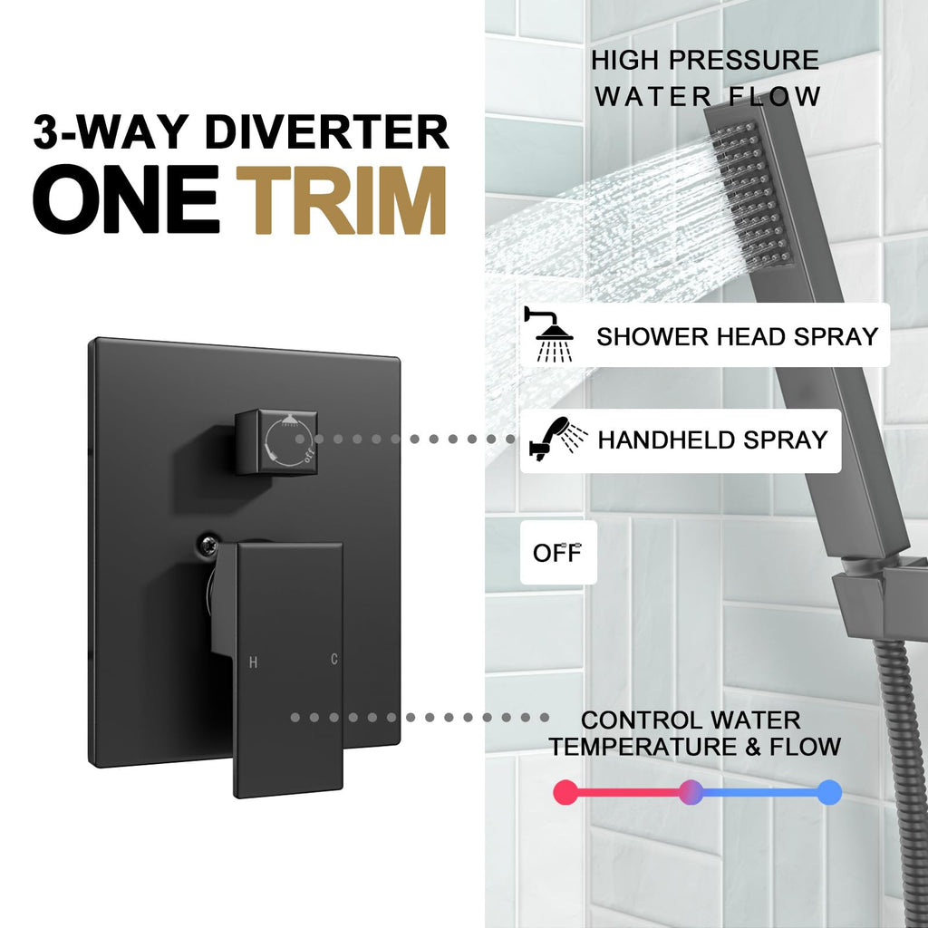 Modern 2-Setting Square Shower System with Rain Shower Head and Handheld Spray Black, Rainfall Shower Faucet Set